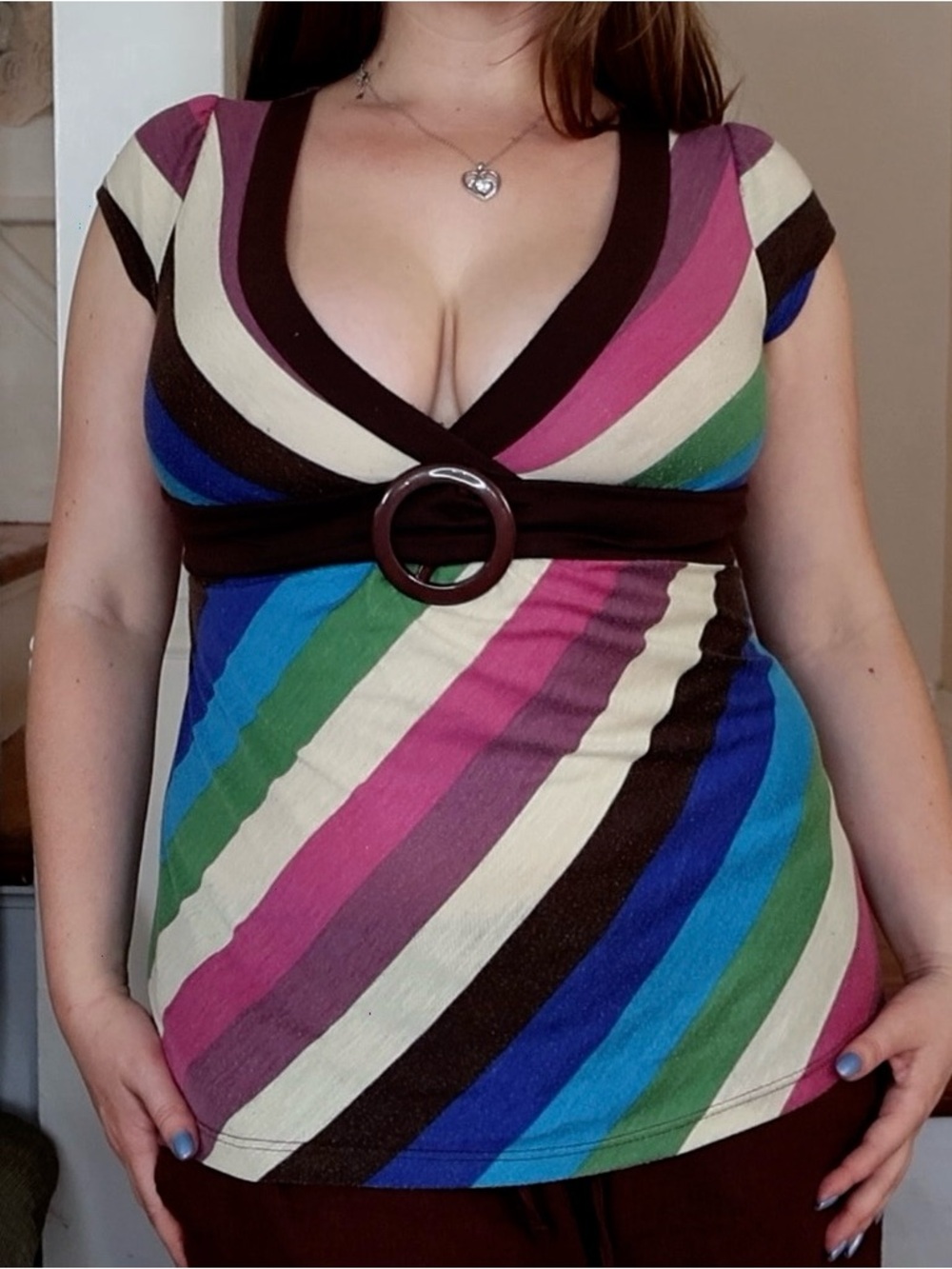 Striped V-Neck Belted Women's Top in Pink, Green & Blue - MaxRave S/M 2000s